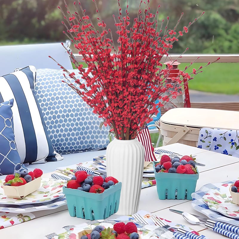 Wootkey 5 Pcs Valentine's Day Flowers Artificial Red Flowers 29.5" Long Stems Patriotic Picks with Mini Red Berry for DIY Floral Art Plant Wedding Home Office Table New Year Decorations - Image 4
